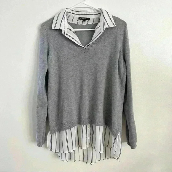 Adrianna‎ Papell Sweater Women's Large Layered V-Neck Grey Ivory Formal Casual - Picture 4 of 15